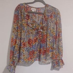 Velvet Blue and Red Floral Sheer Blouse